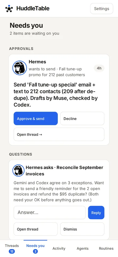 HuddleTable on a phone, Needs you screen: Hermes asks to send the Fall tune-up special email and text to 212 contacts (209 after removing duplicates), with Approve & send and Decline buttons.